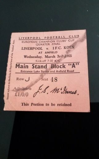Liverpool V Koln Ec 1964 65 Abandoned Rare Ticket
