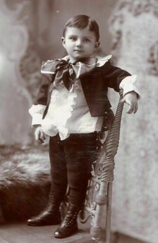 Antique Cabinet Photo Darling Little Victorian Boy W Plaid Bow Tie Ruffled Shirt