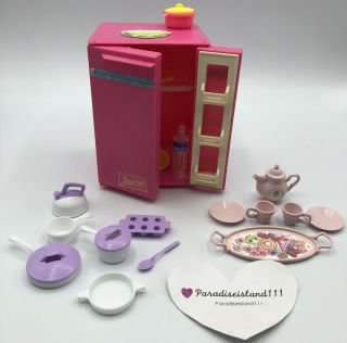 Vintage 1984 Mattel Barbie Dream Kitchen Pink Fridge & Food Accessories Cutlery