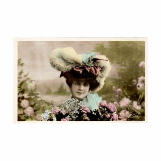 Lady With A Fancy Hat Antique Photo Postcard