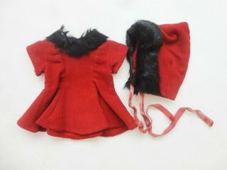 So Cute Vintage Red Corduroy W Black Fur Trim Doll Dress & Hat
