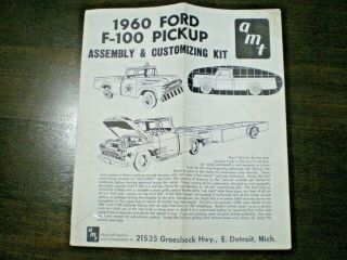 Amt " 1960 Ford F - 100 P.  U.  " 3 - In - 1 Model Car Instruction Sheet From1960