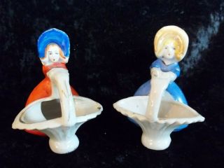 Set/2 Vintage Porcelain Miniature Figurines Of Girl Holding Basket