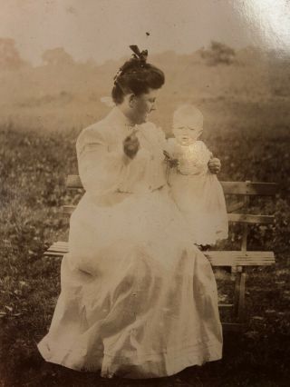Antique Cabinet Card Photo Woman And Baby In White Dresses Ghosted Image On Back
