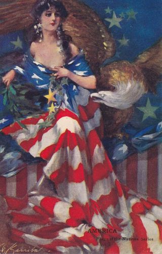 Rare Vintage Postcard Artotype America Flag Of Nations Woman Wears American Flag