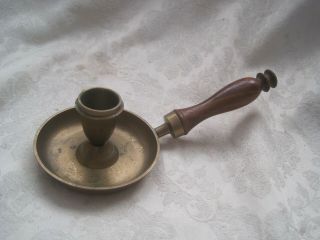 Vintage Antique Solid Brass Wood Chamberstick Chamber Stick Candle Holder