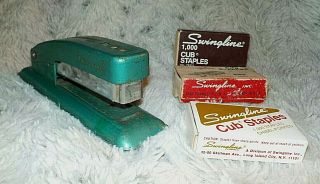 Vintage Mid Century Metal Turquoise Swingline Cub Stapler W/ 3 Boxes Of Staples