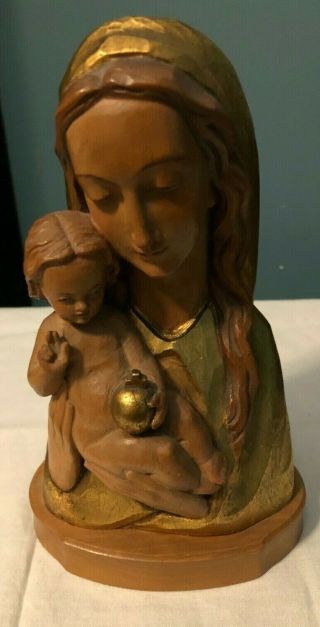 Very Rare Vintage Madonna & Child Wood Carved Anri Wood Carved Statue Italy