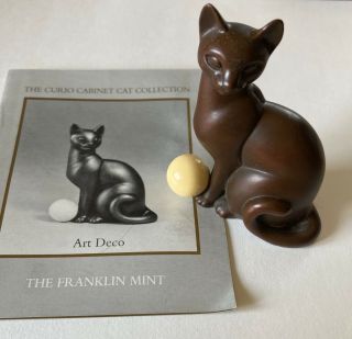 Franklin Curio Cabinet Cat " Art Deco " Rare,  Metal Cat With Ball W/ Booklet