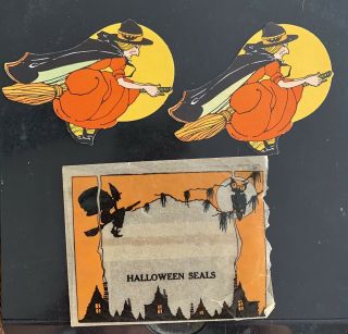 Rare Vintage Halloween Broomed Witch Seals Decorations & Envelope Pre - 30s
