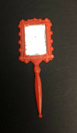 Vintage Red Hard Plastic Hand Mirror 1950 