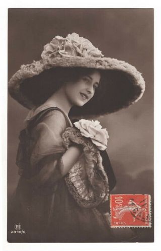 Edwardian Lady With A Fancy Hat Antique Photo Postcard