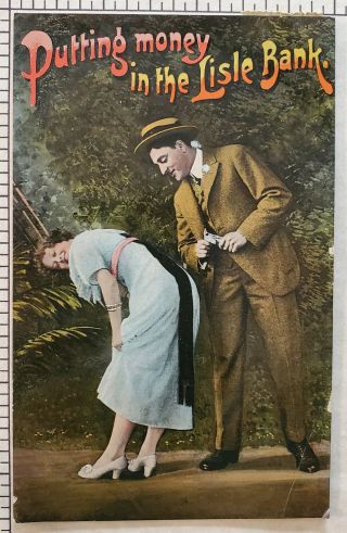 Vintage Postcard - Putting Money In The Lisle Bank - Risque - 1910s Antique