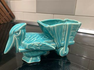 Rare Mid Century Mccoy Pottery Pelican Pulling Cart Planter Aqua Color