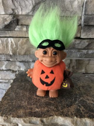 Russ Troll Doll 4 1/2” Green Hair Brown Eyes Rare Halloween Pumpkin