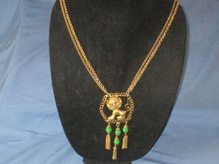 Vintage Gold - Tone Metal Green Glass Bead Lion Tassel Pendant Necklace