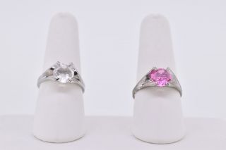 Two Sterling Silver Antique Vintage Solitaire Rings Pink White Set