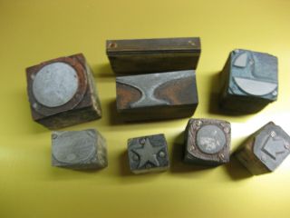 Antique Letterpress Printing Block Lead Cuts On Wood Shapes (8) Different