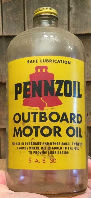 Rare Vintage 1qt Pennzoil Outboard Motor Oil Glass Jar Can Gas Service Station