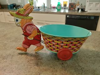 Rare Large Vintage Tin Litho Toy Easter Bunny Rabbit Pulling Basket J Chein Usa