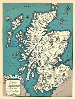 1932 Antique Animated Scotland Map Rare Cartoon Picture Map Of Scotland Blu 7279