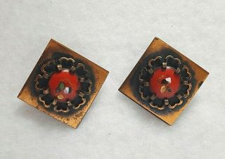 Vintage Copper Clip - On Earrings W Red Hand Painted Accents
