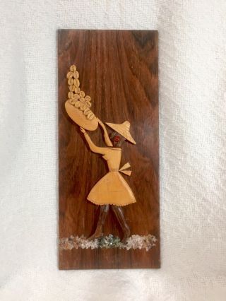 Vintage ‘70s Brazilian Art Wood Wall Hanging Lady With A Basket Mixed Media
