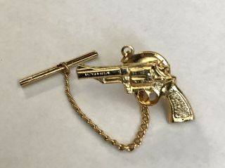 Vintage Gun Pistol Revolver Tie Tack With Chain Gold Toned