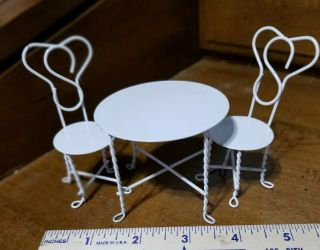 Vintage Miniature Dollhouse White Table And 2 Chairs Furniture Metal