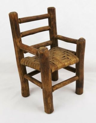 Vintage Rustic Primitive Wood Carved Doll Chair With Wicker Seat