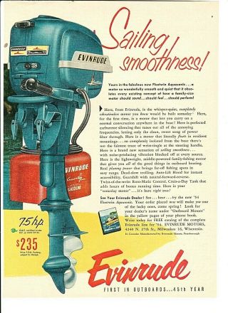 Vintage 1953 Evinrude Fleetwin Aquasonic 7.  5hp $235 Outboard Motors Color Ad