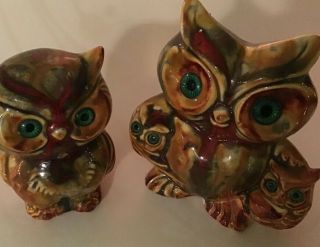 Vtg Set Of 2 Green Eyed Owls Figurines Mid Century Modern Ceramic 4” Rare Htf