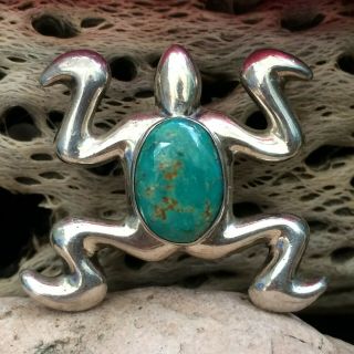 Rare Vintage Native American Navajo Sterling Silver Turquoise Frog Pin Pendant