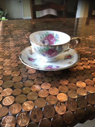 Vintage Bone China Tea Cup & Saucer - Pink Roses W/ Gold Gilt - Lusterware