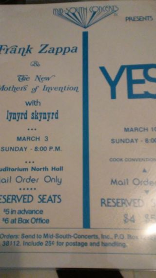 Zappa Mothers Lynyrd Skynyrd Yes Rare Poster Bill From 70s Memphis Coliseum Tn