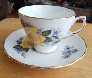 Vintage Royal Vale Bone China Tea Cup And Saucer With Yellow Roses & Blue.