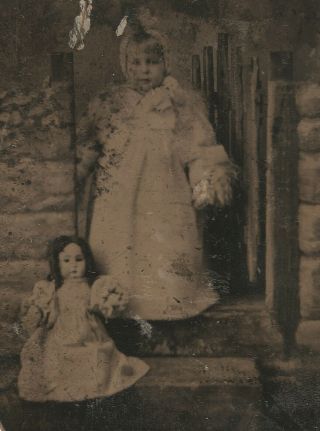Old Vintage Antique Tintype Photo Cute Little Girl W/ Doll Toy In Similar Dress