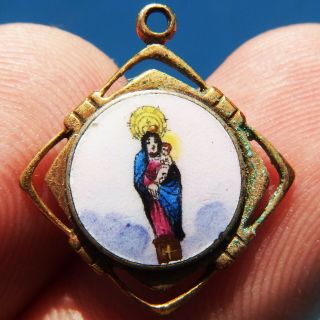 Rare Our Lady Of The Pillar Enamel Bronze Medal Old Religious Spanish Pendant