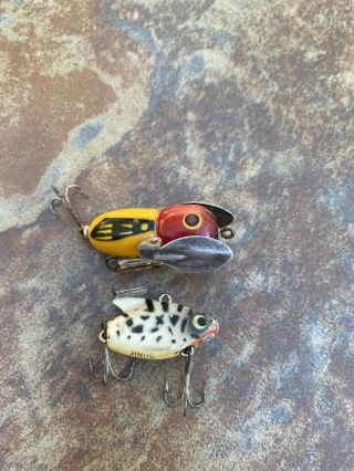 TWO VINTAGE HEDDON FISHING LURES TINY CRAZY CRAWLER AND SONIC GREAT COLOR 2
