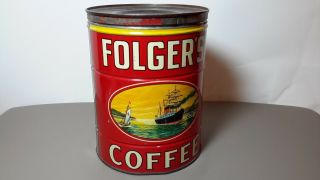 RARE VINTAGE FOLGERS COFFEE CAN 2 lb POUND 1931 EMPTY TIN CLIPPER SHIP FLOWERS 3