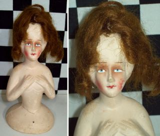 6 " Antique German Half Doll Pin Cushion Doll Mohair Wig Crack At Base Reglued
