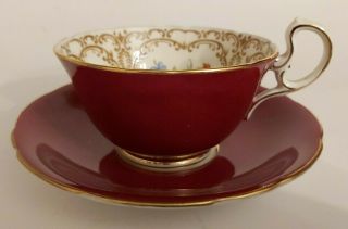 Rare Vintage Aynsley Ruby Red And Gold Floral Tea Cup & Saucer