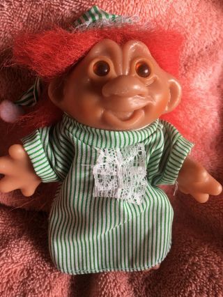 Vintage Dam Troll Doll In Green/white Night Shirt & Hat 1986 Red Hair