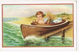 Antique Year Postcard (whitney Made) Cherub In Boat,  Money Bag,  Wheat