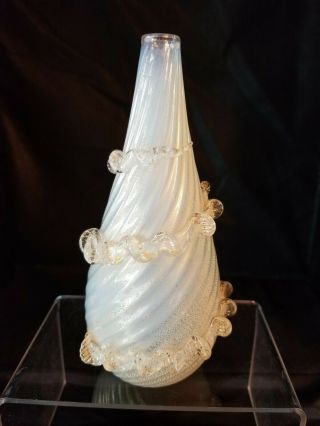Vintage Murano Art Glass White And Gold Flake Vase - Ruffled Swirl Design - Rare