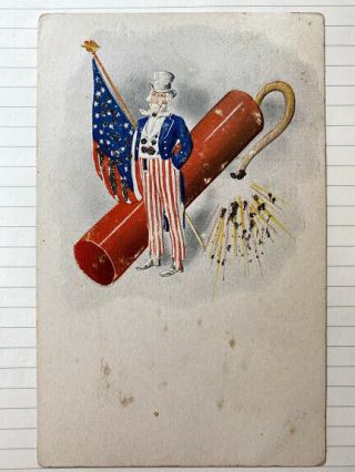Antique C1905 Udb Postcard Uncle Sam Fireworks Flag Patriotic Glitter