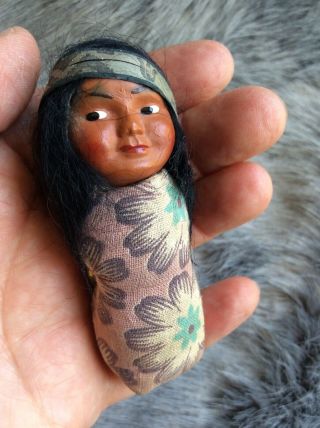Antique Vintage Skookum Native American Indian Doll Tiny Papoose Composition