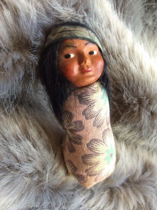 Antique Vintage Skookum Native American Indian Doll Tiny Papoose Composition 3