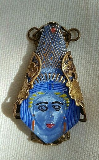 Deco Egyptian Revival Brass And Blue Glass Pendant With Face - Rare