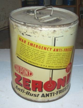 5 Gallon Zerone War Emergency Anti Freeze Very Rare 1940s Can Wilmington Del 68